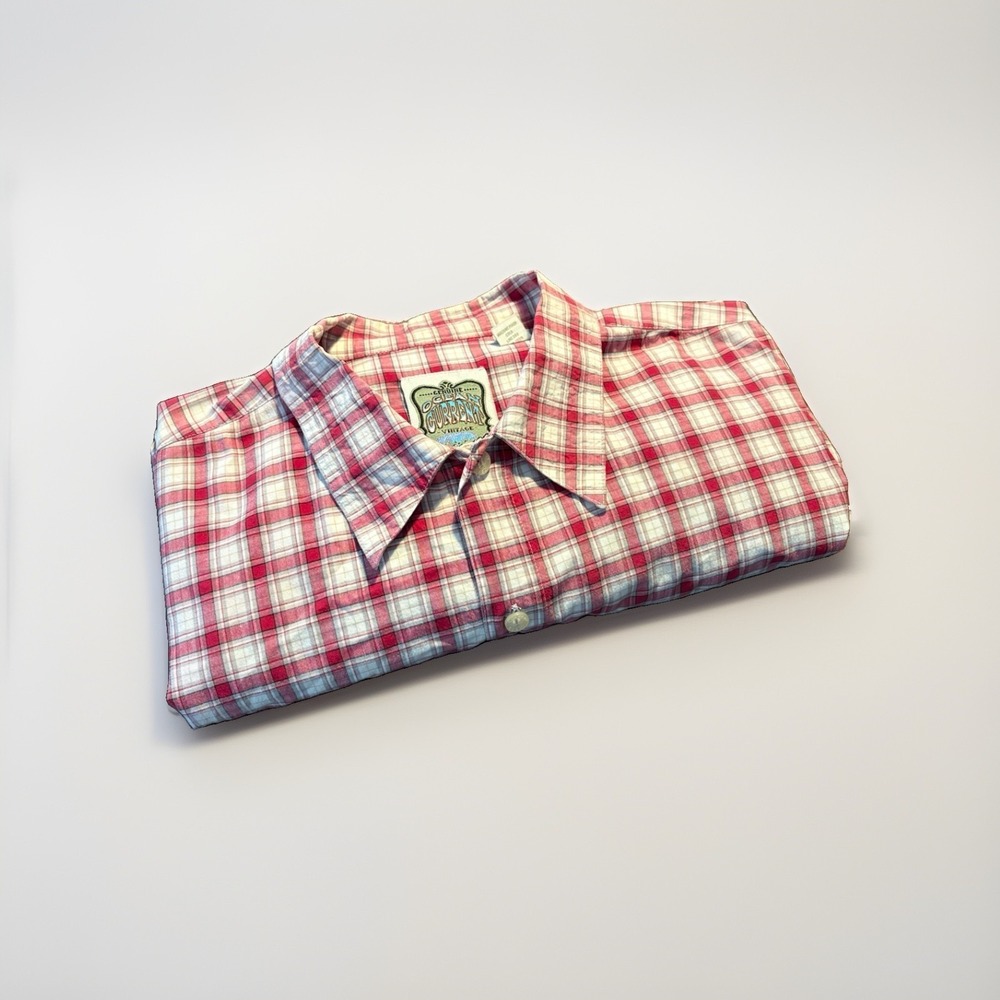 Ocean Current Vintage Men's L Red White Gray Plaid Woven Short Sleeve Button-Up